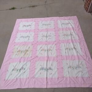 Handmade and Hand Embroidered with Flowers PinkQuilt Throw 76" X 84"